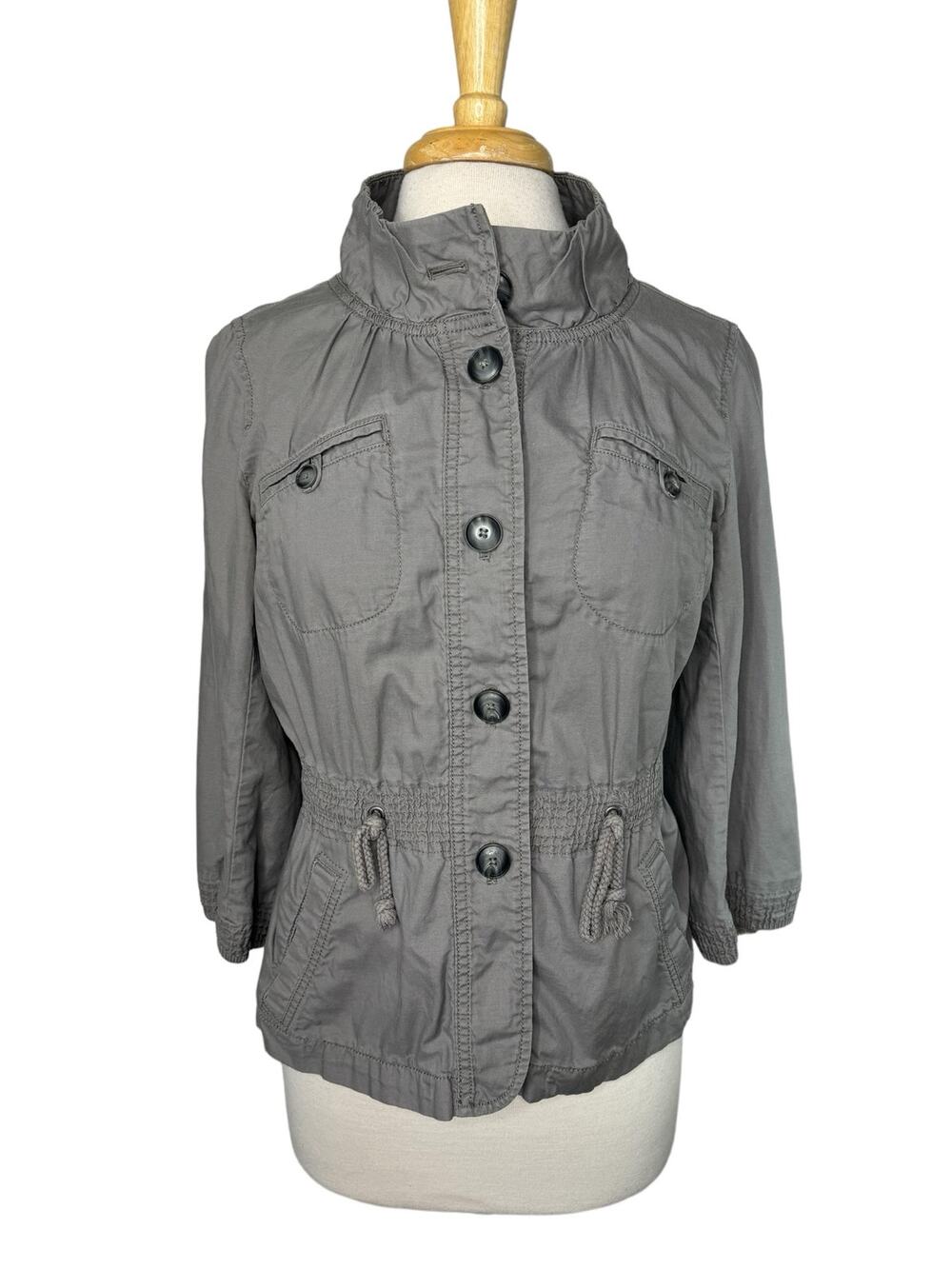 LOFT Gray Cotton Utility Jacket Size Medium Women Drawstring Waist Pocket Button